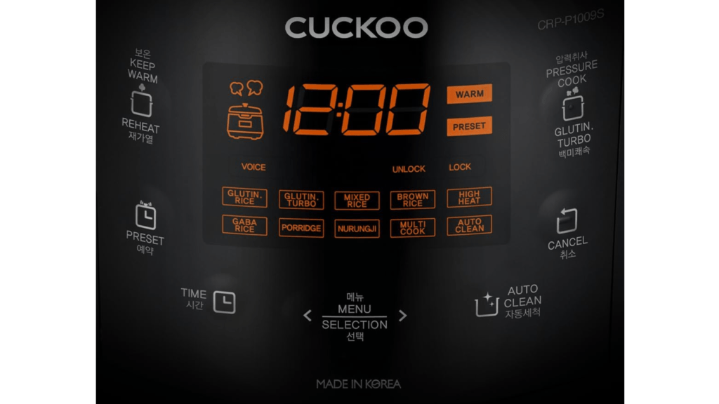 LED display and touch controls on the CUCKOO CRP-P1009SB pressure rice cooker showing cooking mode selection 