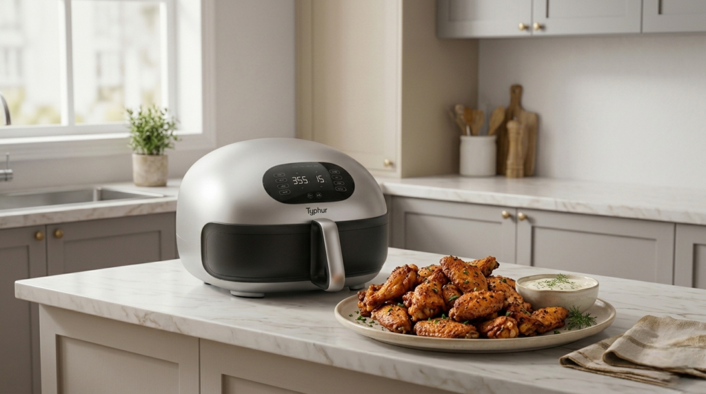 Crispy chicken wings cooked in the Typhur Dome 2 with an even golden finish