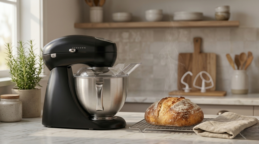 Freshly baked bread loaf next to Hamilton Beach 63227N stand mixer
