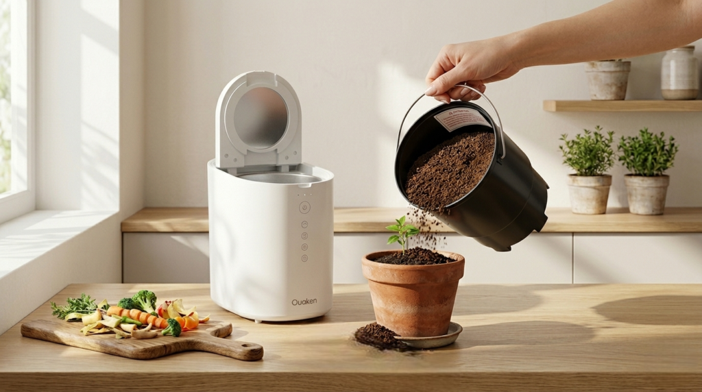 Dry composted output from the OK-255 being poured into a small plant pot with fresh soil