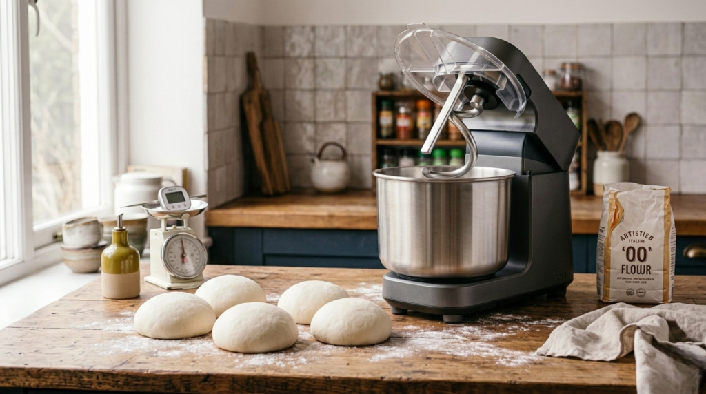 Freshly made pizza dough balls on a floured surface next to the Ooni Halo Pro mixer