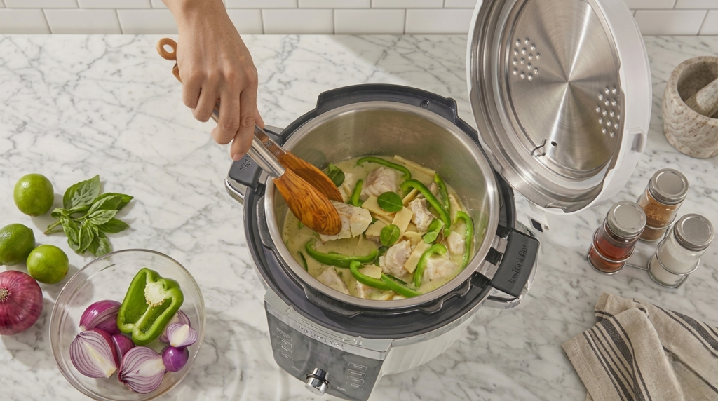 An overhead view shows a hand using wooden tongs to stir a green fish curry in an Instant Pot multi-cooker on a white marble countertop, surrounded by various ingredients.