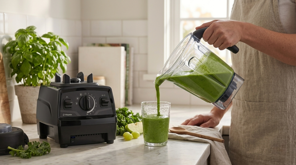 Person pouring a smooth green smoothie made in the Vitamix Explorian blender into a glass