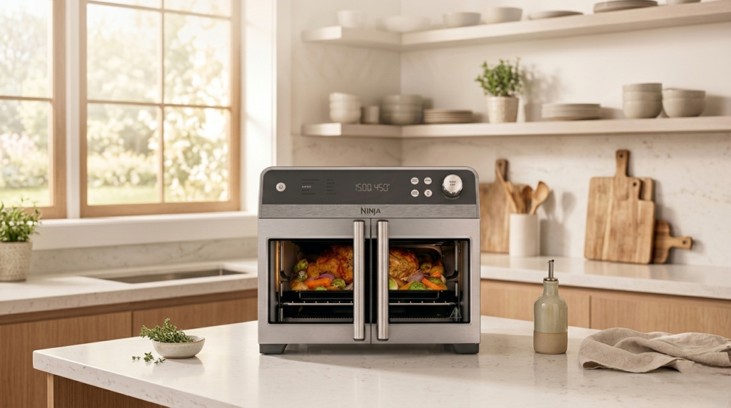 Door Premier FO101 air fry oven on a kitchen counter with food inside