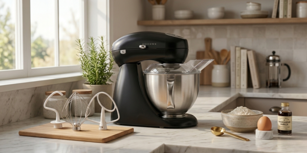 Hamilton Beach 63227N all-metal stand mixer in black on a kitchen counter