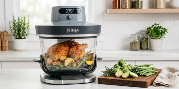 Ninja Crispi Pro glass air fryer on a modern kitchen countertop with fresh vegetables nearby