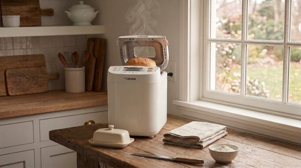Zojirushi BB-SSC10WZ Home Bakery Maestro breadmaker on a kitchen counter, baking a fresh loaf