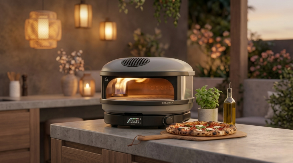 Gozney Arc propane outdoor pizza oven in Off Black on a patio table with a freshly cooked pizza