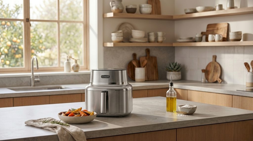 Cosori Iconic 6.5 Qt stainless steel smart air fryer on a modern kitchen counter, ready to cook