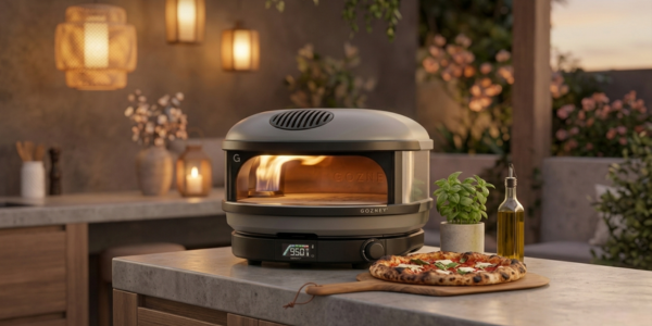 Gozney Arc propane outdoor pizza oven in Off Black on a patio table with a freshly cooked pizza.