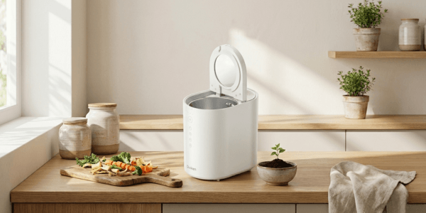 OK-255 white electric composter sitting on a kitchen counter next to vegetables and fruit scraps