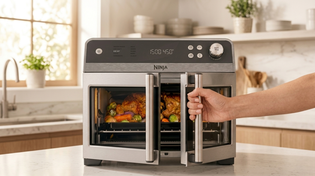 Close-up of Ninja FO101 French doors opening with one hand to reveal cooking cavity
