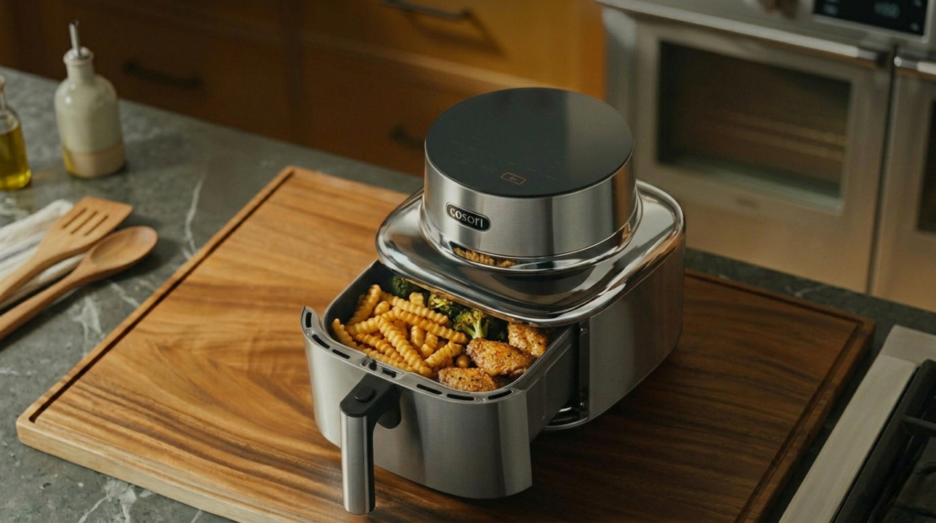 Close-up of Cosori Iconic PFAS-free ceramic-coated basket showing nonstick surface and crisper grate with silicone feet
