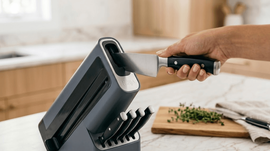 Close-up of a chef's knife being placed into the NeverDull sharpening slot