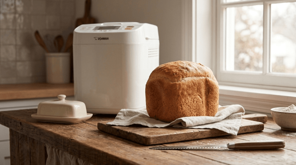 Close-up of freshly baked 1-pound loaf from Zojirushi breadmaker with golden crust on wooden cutting board