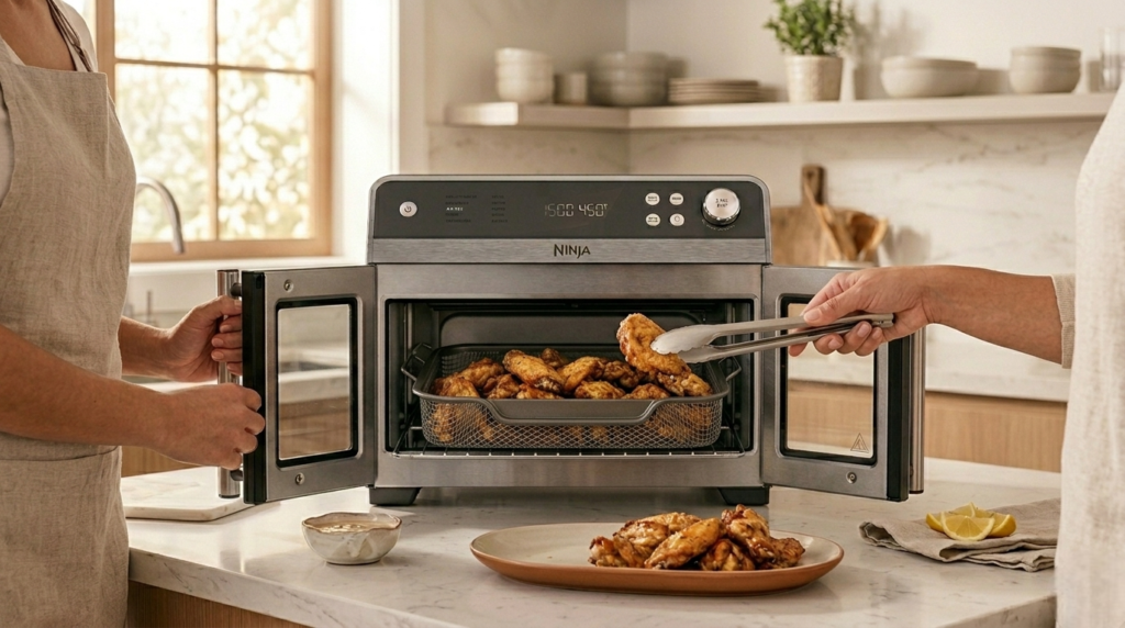 Crispy golden chicken wings fresh from the Ninja FO101 air fry basket