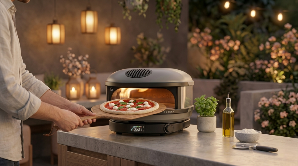 Person sliding a pizza into the Gozney Arc oven at an outdoor dinner party on a summer evening