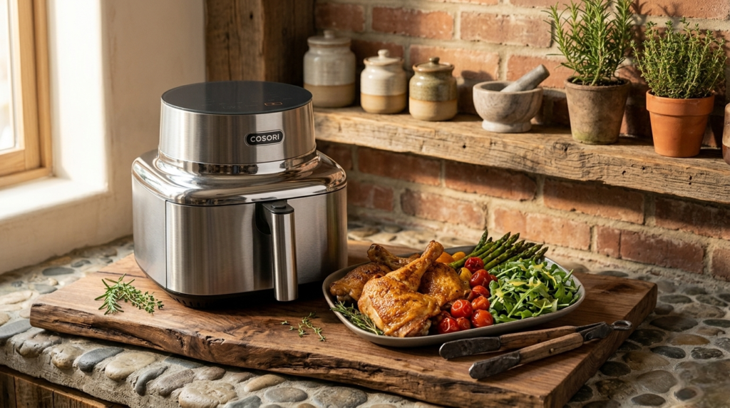 Golden roasted chicken thighs with vegetables fresh from Cosori Iconic air fryer basket on a rustic wooden board