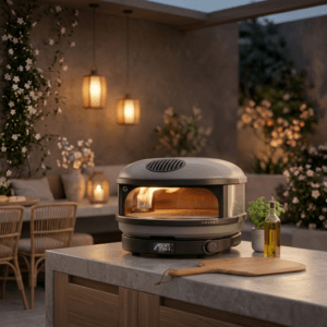 Gozney Arc propane outdoor pizza oven in Off Black on a patio table.