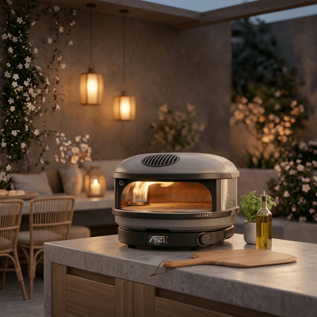 Gozney Arc propane outdoor pizza oven in Off Black on a patio table.