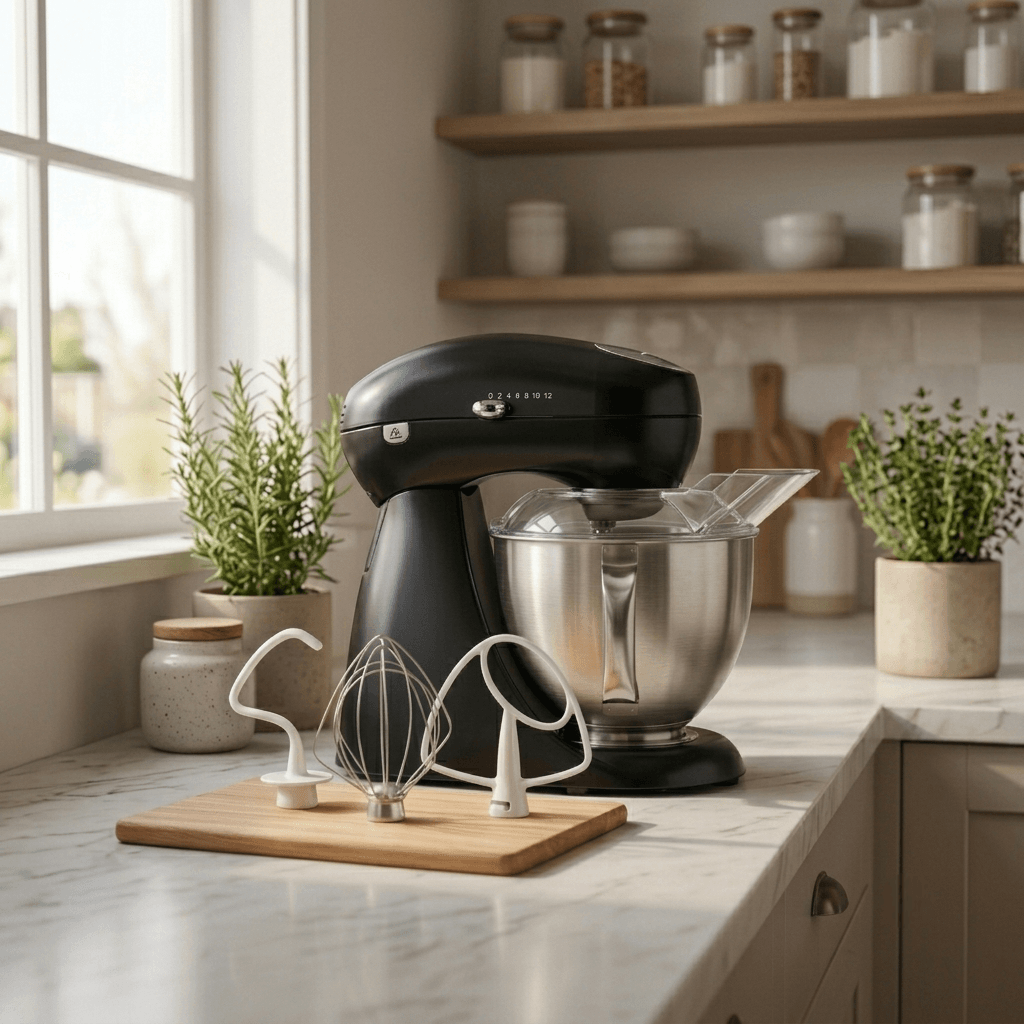 Hamilton Beach 63227N all-metal stand mixer in black on a kitchen counter.