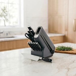 Ninja Foodi NeverDull knife block set with built-in sharpener on a kitchen counter