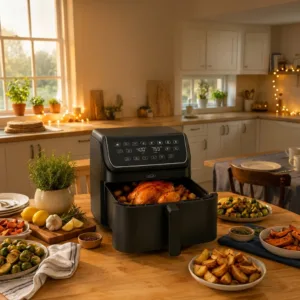 BELLA 8-Qt Digital Air Fryer on a wooden kitchen countertop with a roast chicken, crispy vegetables, and seasoned potatoes, as a family prepares dinner in the background.