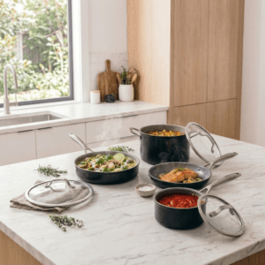 Ninja Ceramic Pro 7-piece cookware set in a modern kitchen