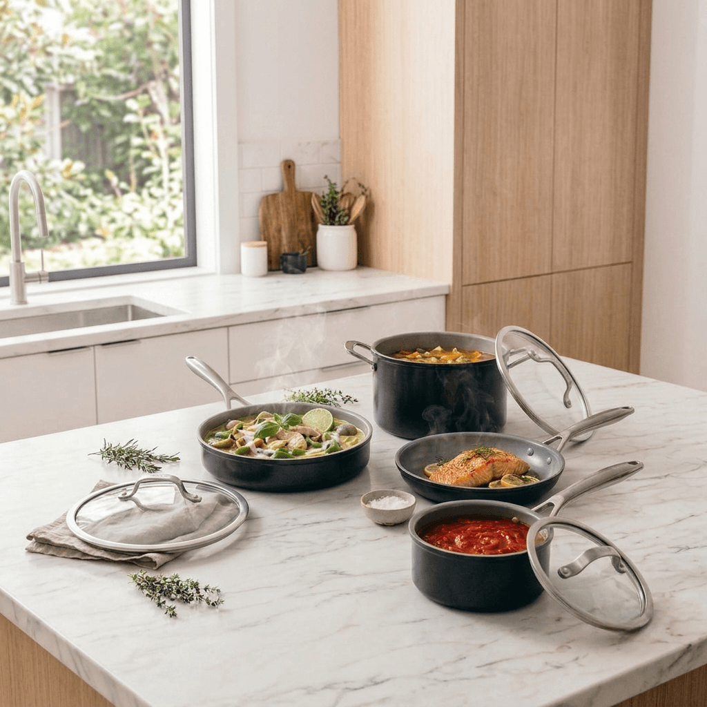 Ninja Ceramic Pro 7-piece cookware set in a modern kitchen