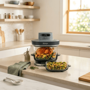 Ninja Crispi Pro glass air fryer on a modern kitchen countertop with fresh vegetables nearby.