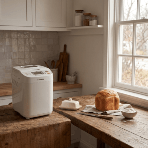 Zojirushi BB-SSC10WZ Home Bakery Maestro breadmaker in premium white on a clean kitchen counter with soft morning light