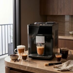 Bosch VeroCafe TPU40109 fully automatic espresso machine on a kitchen countertop brewing a latte macchiato