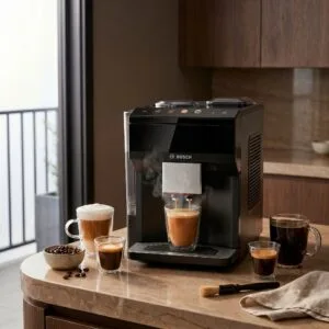 Bosch VeroCafe TPU40109 fully automatic espresso machine on a kitchen countertop brewing a latte macchiato