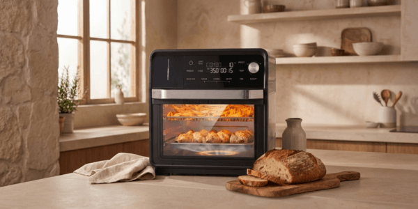 Nuwave Combi on a clean kitchen counter, ideally with a family-sized roast or a golden loaf visible through the door