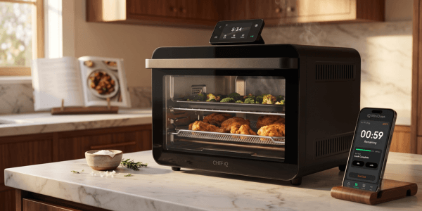 CHEF iQ MiniOven Smart Toaster Oven in matte black on a family kitchen counter, touchscreen panel angled toward viewer