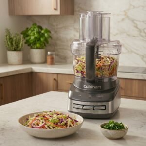 Cuisinart FP-110AG Core Custom 10-Cup Food Processor in Anchor Gray on a kitchen countertop