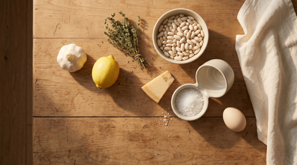 Rustic pantry staples in traditional cuisine — garlic, lemon, thyme, beans, egg, salt on a worn wooden table in soft morning light. 
