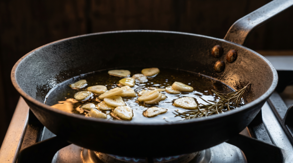 Flavor from technique — garlic slices golden in olive oil in a cast-iron pan, rosemary, late afternoon kitchen light. 