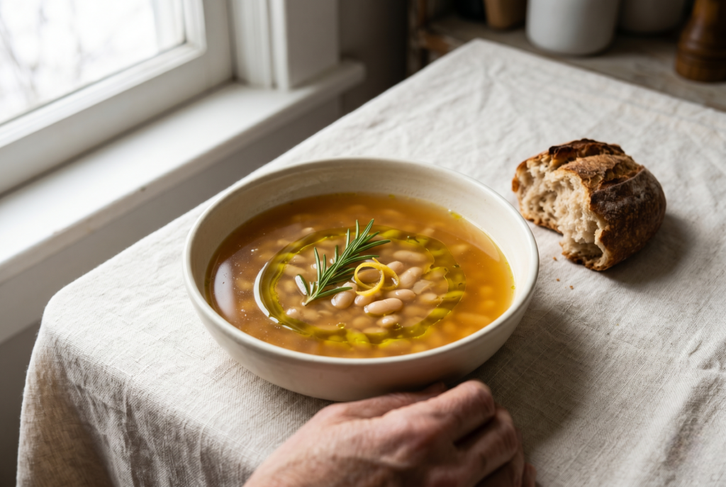 Traditional recipe with few ingredients — white bean soup with olive oil, rosemary, lemon, and torn bread, cradled in a linen-set bowl. 