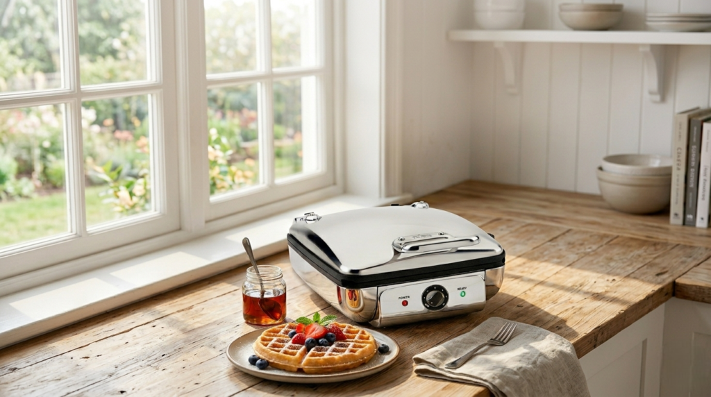 All-Clad stainless steel 4-section Belgian waffle maker on a kitchen countertop