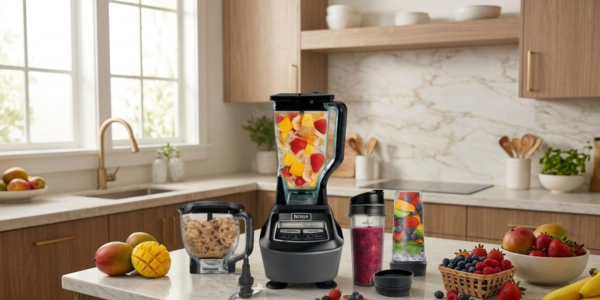 Ninja BL770 Mega Kitchen System on a kitchen counter with fresh fruits nearby