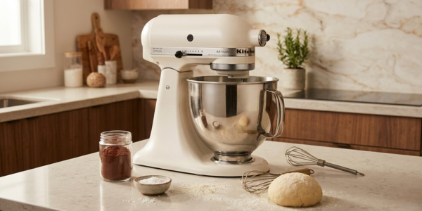 KitchenAid Artisan 5 Qt stand mixer in Milkshake color on a clean kitchen counter