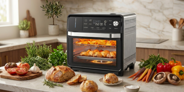 Nuwave Combi Steam Oven on a kitchen counter surrounded by fresh vegetables and ingredients