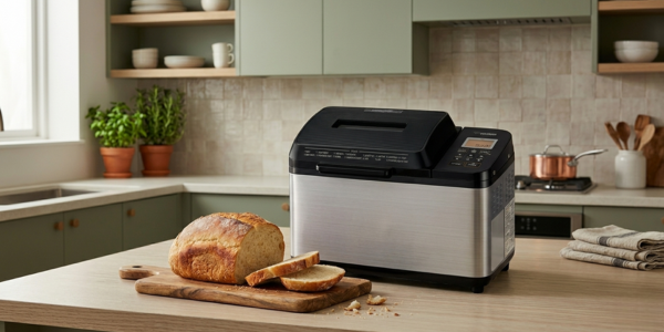 Zojirushi BB-PDC20BA Virtuoso Plus breadmaker on a kitchen countertop next to a sliced loaf of bread