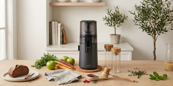 Hurom H70 cold press juicer on a kitchen counter next to fresh fruits and vegetables