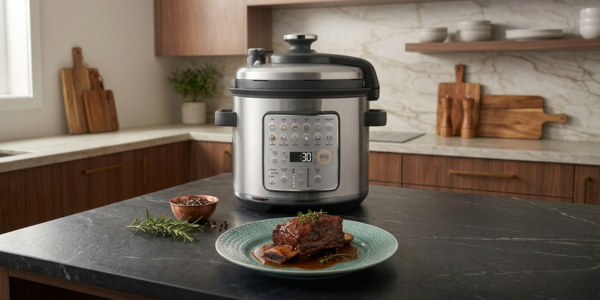Breville Fast Slow Go BPR680BSS pressure cooker in a modern kitchen setting