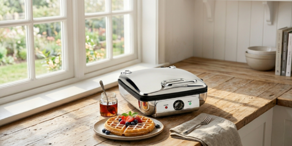 All-Clad stainless steel 4-section Belgian waffle maker on a kitchen countertop