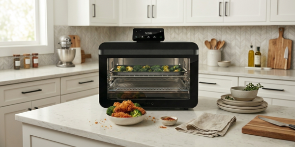 CHEF iQ MiniOven 11-in-1 smart toaster oven air fryer on countertop.