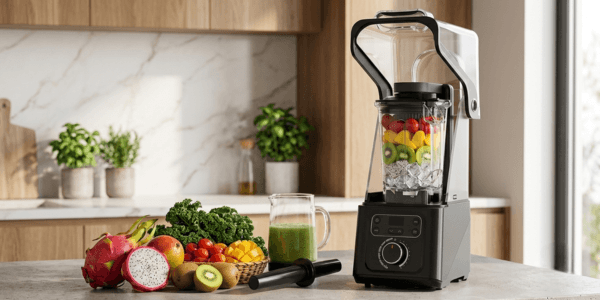 Reslee vacuum blender on kitchen counter next to fresh fruit and greens