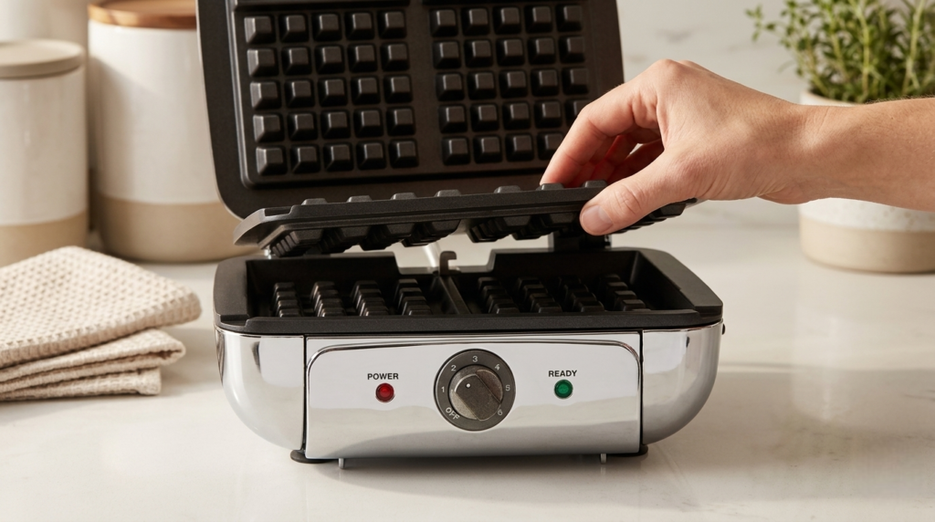 Close-up of All-Clad waffle maker removable nonstick plates being detached